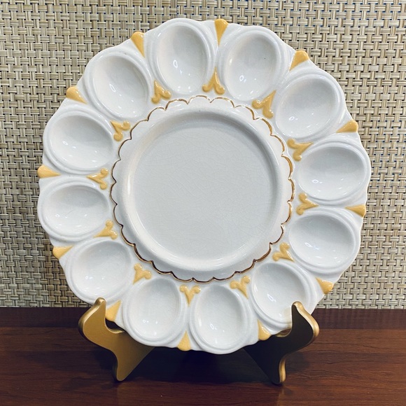 Vintage Dining Vtg 96s Cream Gold Glazed Ceramic Egg Plate